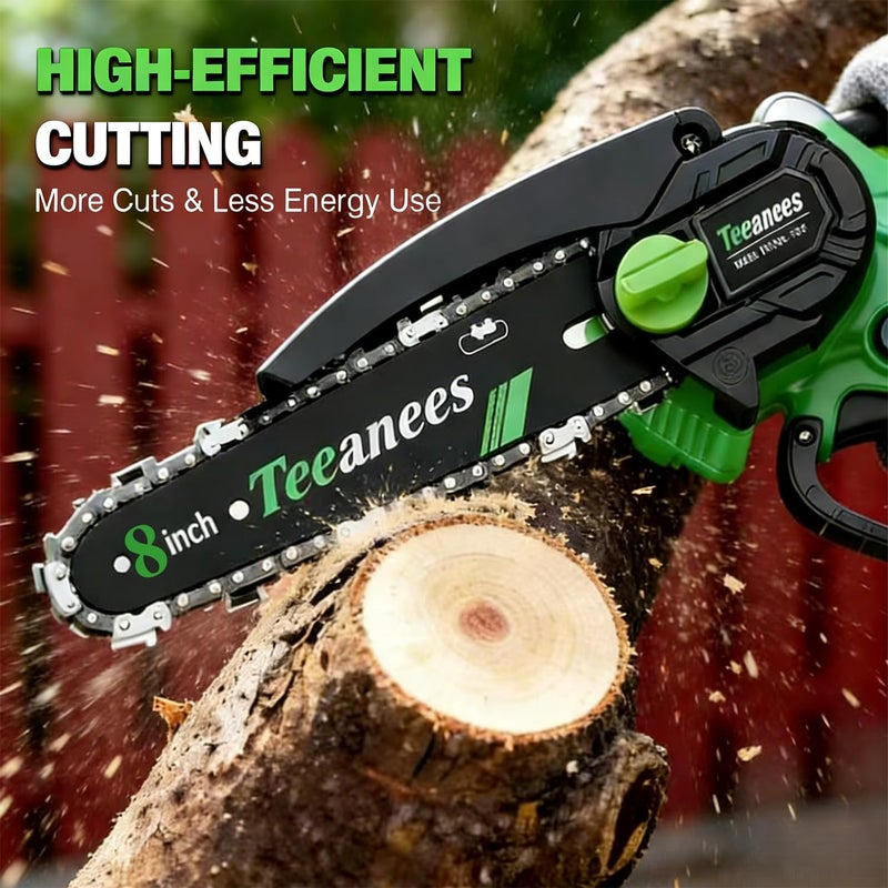 ANEES Mini Chainsaw Cordless 8 Inch with 2 Battery 8 Chains, Auto Oiler, Battery Powered, Small Handheld Saw for Wood Cutting, Tree Trimming, Garden Gardening Tools for Men Dad Husband(Green) - Image 2